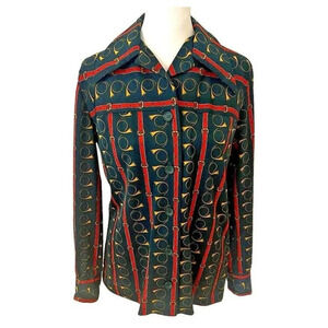 Vintage Kiva Ltd Green French Horn Button Up Collar Equestrian Union Made Blouse